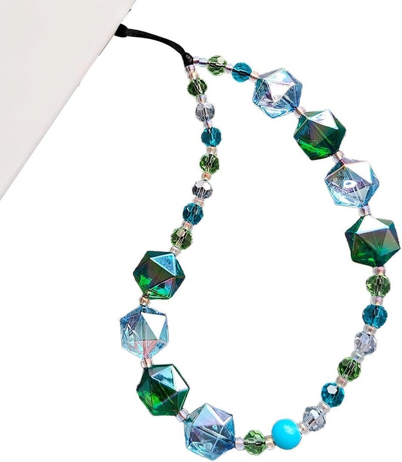 WCCH Beaded Phone Charm Y2K Kawaii Handmade Acrylic Phone Lanyard Wrist Strap for Camera Bag Airpods Keychain Charm Blue Green Hexagonal Crystal Beads - Image 1